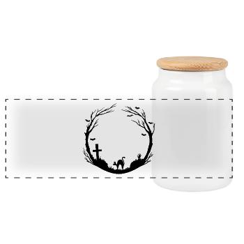 Halloween Friedhof Katze Silhouette - Panorama Keksdose mit Holzdeckel - Weiß - Vorne