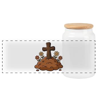 Ein einfaches Holzkreuz, das ein Grab mit Blumen markiert - Panorama Keksdose mit Holzdeckel - Weiß - Vorne