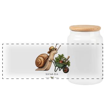 Garten Schnecke – Ich hab jetzt Zeit - Panorama Keksdose mit Holzdeckel - Weiß - Vorne