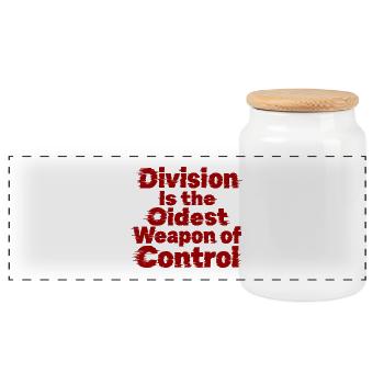 Fettgedruckte, notierte Typografie mit "Division Is - Panorama Keksdose mit Holzdeckel - Weiß - Vorne