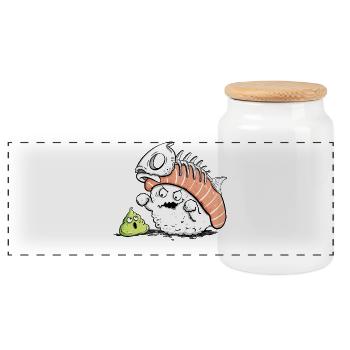 Sushi Bone Appetit – Lustiger Sushi Cartoon Humor - Panorama Keksdose mit Holzdeckel - Weiß - Vorne