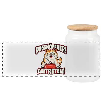 Dosenöffner! Antreten! – Hungrige Comic-Katze - Panorama Keksdose mit Holzdeckel - Weiß - Vorne