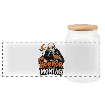 Der wahre Horror ist Montag – Halloween - Panorama Keksdose mit Holzdeckel - Weiß - Vorne