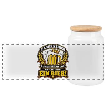 Reicht mir ein Bier! – Bierkrug mit Krone - Panorama Keksdose mit Holzdeckel - Weiß - Vorne