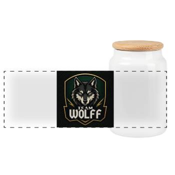 Team Wolf Namensschild Familienname Firma Name - Panorama Keksdose mit Holzdeckel - Weiß - Vorne