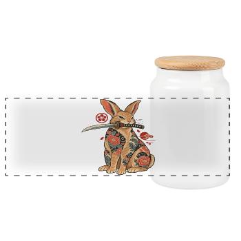 Katzen-Samurai mit Blüten-Tattoo - Panorama Keksdose mit Holzdeckel - Weiß - Vorne