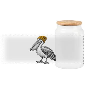 Pelikan mit Strickmütze - Panorama Keksdose mit Holzdeckel - Weiß - Vorne