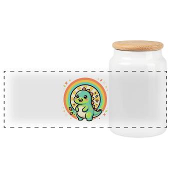 Süßer Dino Regenbogen Glow - Panorama Keksdose mit Holzdeckel - Weiß - Vorne