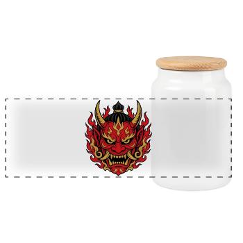 Oni Maske mit Flammen Japanischer Dämon Shirt - Panorama Keksdose mit Holzdeckel - Weiß - Vorne