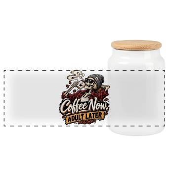 Lustiges Kaffee Skelett Design - Panorama Keksdose mit Holzdeckel - Weiß - Vorne