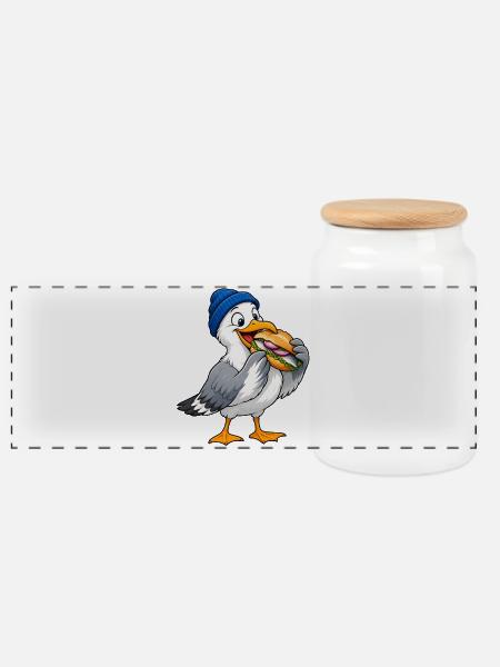 Möwe mit Beanie & Fischbrötchen – Küste - Panorama Keksdose mit Holzdeckel - Weiß