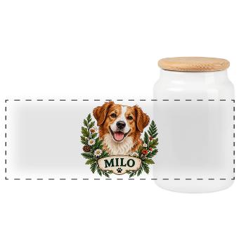 Hund Milo mit Blumenkranz - Panorama Keksdose mit Holzdeckel - Weiß - Vorne