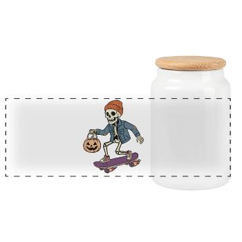 Skelett auf einem Skateboard – Halloween - Panorama Keksdose mit Holzdeckel - Weiß - Vorne
