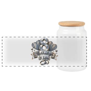 8.Hochzeitstag , Blechhochzeit , 8 Jahre  - Panorama Keksdose mit Holzdeckel - Weiß - Vorne