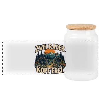 Zwei Räder, Kopf frei - Fahrrad und Natur - Panorama Keksdose mit Holzdeckel - Weiß - Vorne