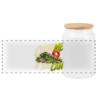 Cache Me If You Can Geocaching Motif - Panorama Keksdose mit Holzdeckel - Weiß - Vorne