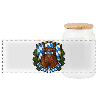 Bayerisches Lederhosen Wappen - Panorama Keksdose mit Holzdeckel - Weiß - Vorne