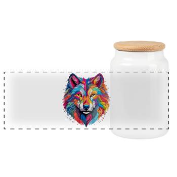 Bunter Wolf – farbiges Tiermotiv - Panorama Keksdose mit Holzdeckel - Weiß - Vorne