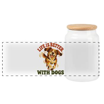 Das Leben ist besser mit Hunden – Happy Dog Retro Art - Panorama Keksdose mit Holzdeckel - Weiß - Vorne