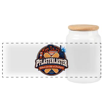 Pflasterlaster Erste Hilfe Badge - Panorama Keksdose mit Holzdeckel - Weiß - Vorne