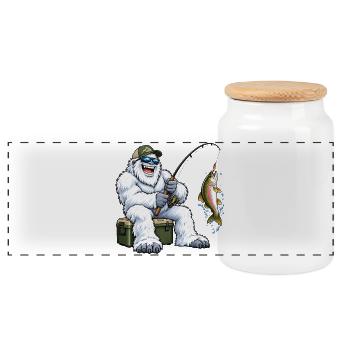 Fröhlicher Yeti beim Angeln – Lustiges Outdoor Mot - Panorama Keksdose mit Holzdeckel - Weiß - Vorne