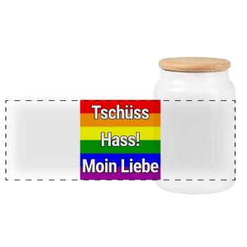 TSCHÜSS HASS MOIN LIEBE REGENBOGEN STATEMENT SHIRT - Panorama Keksdose mit Holzdeckel - Weiß - Vorne