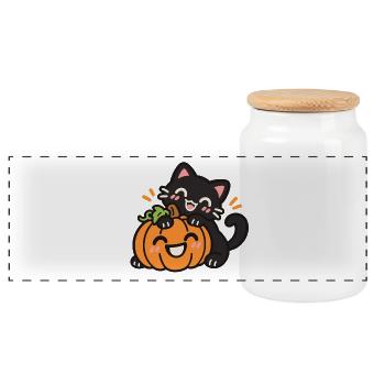 Süße schwarze Katze mit Halloween Kürbis - Panorama Keksdose mit Holzdeckel - Weiß - Vorne