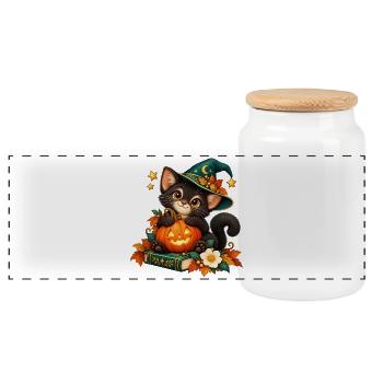 Halloween-Katze mit verzaubertem Kürbis - Panorama Keksdose mit Holzdeckel - Weiß - Vorne