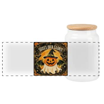 Süßes oder Saures Halloween-Kürbis - Panorama Keksdose mit Holzdeckel - Weiß - Vorne