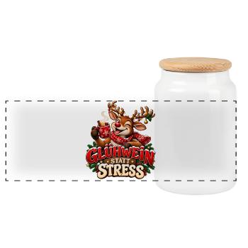 Glühwein statt Stress – Lustiges Weihnachtsrentier - Panorama Keksdose mit Holzdeckel - Weiß - Vorne