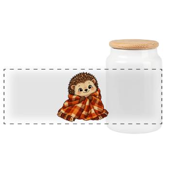 Kuscheliger Igel mit Plaidschal - Panorama Keksdose mit Holzdeckel - Weiß - Vorne