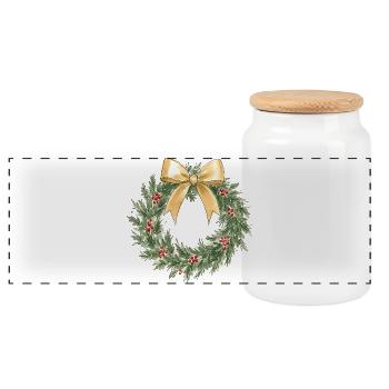 Eleganter goldener Weihnachtskranz mit Schleife - Panorama Keksdose mit Holzdeckel - Weiß - Vorne