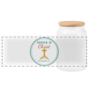 Rooted in Christ – Colossians 2:7 Christian - Panorama Keksdose mit Holzdeckel - Weiß - Vorne