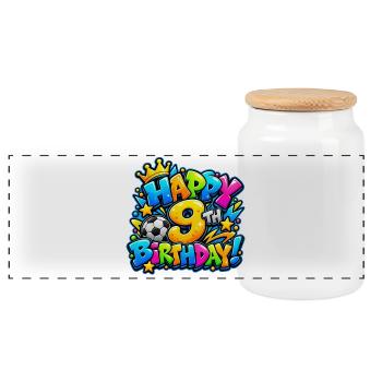 Herzlichen Glückwunsch zum 9. Geburtstag Fußball-Graffiti: Torgeschenk - Panorama Keksdose mit Holzdeckel - Weiß - Vorne