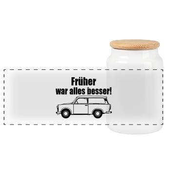 , Trabi , DDR Kult , früher besser (25) - Panorama Keksdose mit Holzdeckel - Weiß - Vorne
