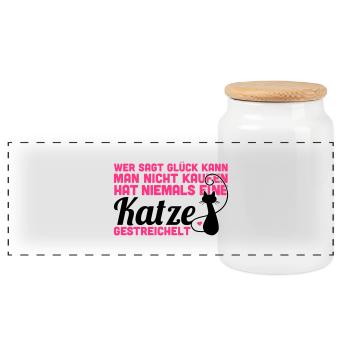 Katze: Glück kann man kaufen - Panorama Keksdose mit Holzdeckel - Weiß - Vorne