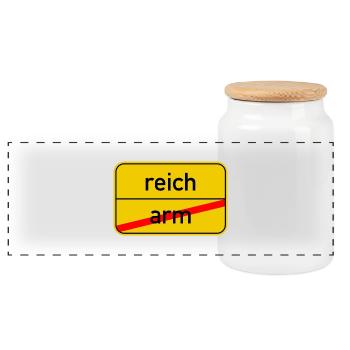 Ortsschild arm - reich - Panorama Keksdose mit Holzdeckel - Weiß - Vorne