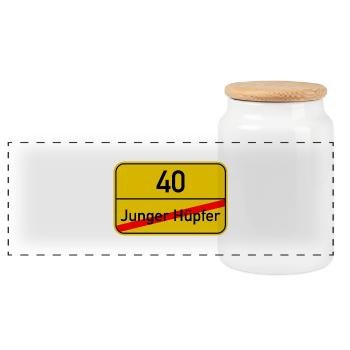 Ortsschild junger Hüpfer - 40 - Panorama Keksdose mit Holzdeckel - Weiß - Vorne