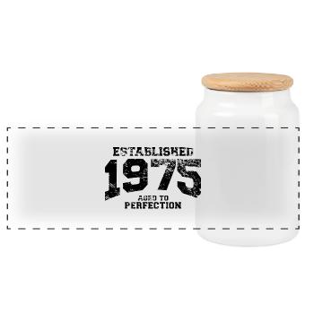 established 1975 - aged to perfection(uk) - Panoramic Cookie Jar with Wooden Lid - white - Front