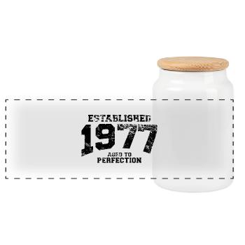 established 1977 - aged to perfection(uk) - Panoramic Cookie Jar with Wooden Lid - white - Front