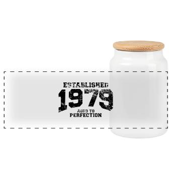 established 1979 - aged to perfection(uk) - Panoramic Cookie Jar with Wooden Lid - white - Front