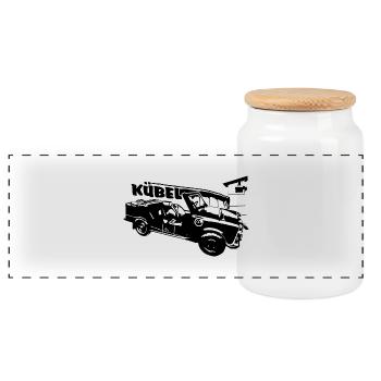  601 Kübel mit Mauer und Turm, Trabi Kübel - Panorama Keksdose mit Holzdeckel - Weiß - Vorne