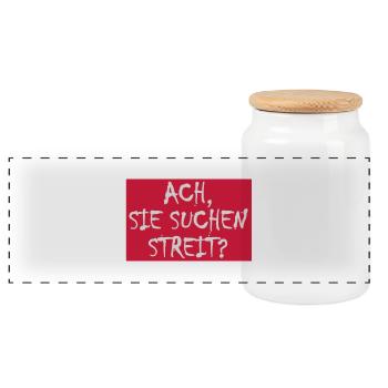 ACH, SIE SUCHEN STREIT?- Vektorgrafik - Panorama Keksdose mit Holzdeckel - Weiß - Vorne