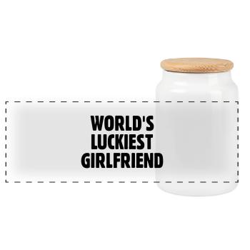 World's Luckiest Girlfriend - Panoramic Cookie Jar with Wooden Lid - white - Front