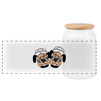 2 DJ Hunde Sonnenbrille Teenager Mütze Cappy Team - Panorama Keksdose mit Holzdeckel - Weiß - Vorne