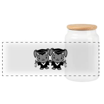 2 Bunnies College School Graduation Two Friends Team - Panoramic Cookie Jar with Wooden Lid - white - Front