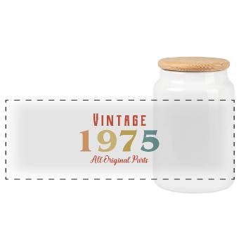 Vintage 1975 All Original Parts - Panoramic Cookie Jar with Wooden Lid - white - Front
