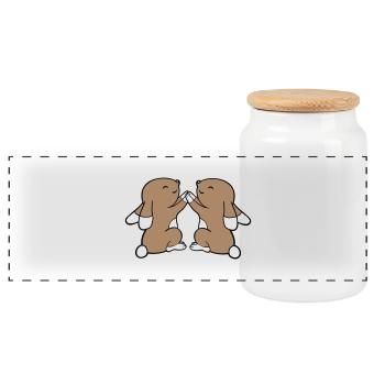 2 Bunnies Best Friends Team Hands Holding Happy - Panoramic Cookie Jar with Wooden Lid - white - Front