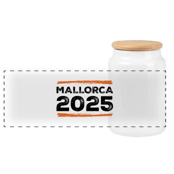 Mallorca 2025 Spruch - Panorama Keksdose mit Holzdeckel - Weiß - Vorne