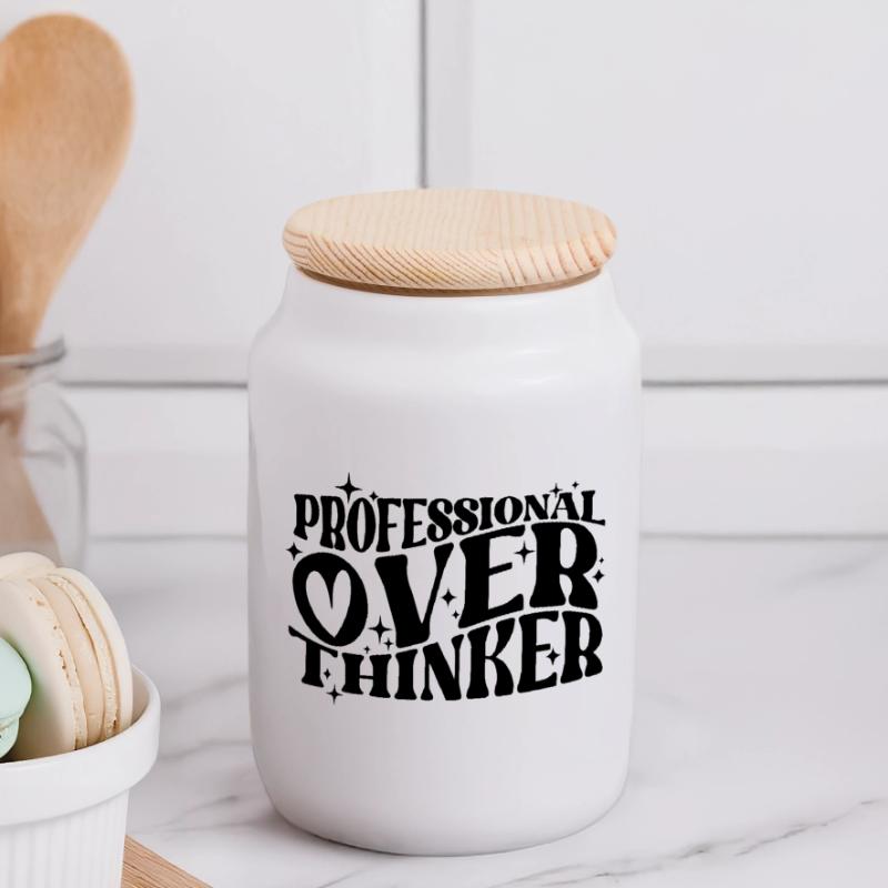 Professional Overthinker Witty Typography Humor Panoramic Cookie Jar with Wooden Lid